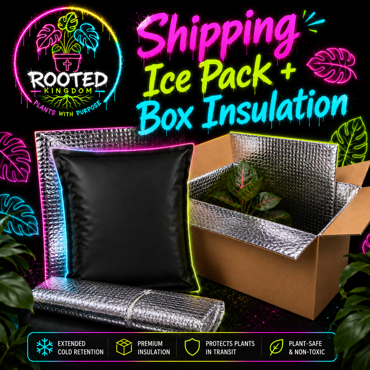 image shows an insulated shipping box with ice pack and plant protection. Rooted Kingdom, plants with purpose.